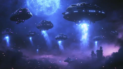 Multiple saucer craft deploy synchronized beams over alien skyline