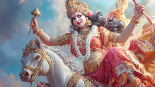 Divine warrior goddess on white stallion, ornate regalia, clouds