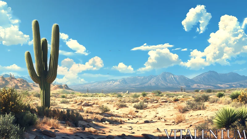 Sunlit desert cactus rises under vast blue mountain sky