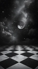 Stark lunar sky above worn black and white checkerboard.