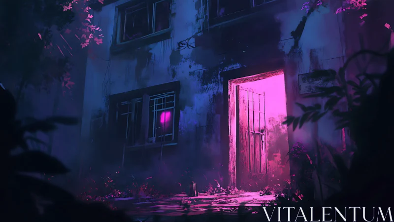 Neon doorway glowing softly in the heart of a forgotten home.