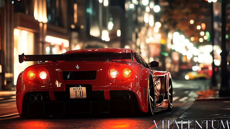 Midnight red supercar poised under luminous city lights.