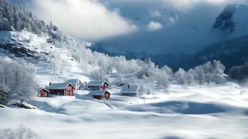 Scarlet cabins whisper through a hush of deep winter snow.