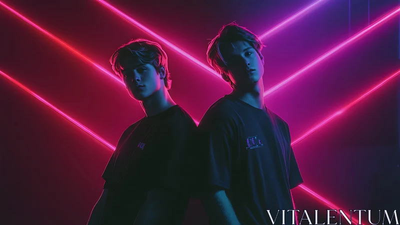 Neon-lit twins share a quiet moment in electric color.