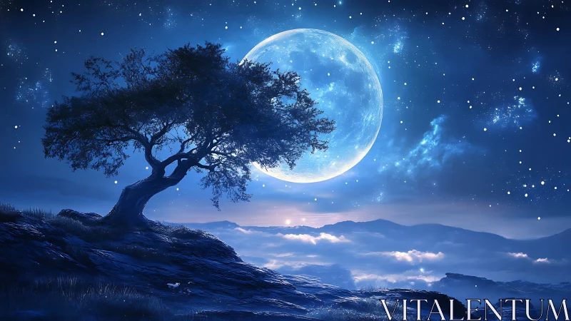 Lone wind‑shaped tree silhouetted against oversized lunar disk.