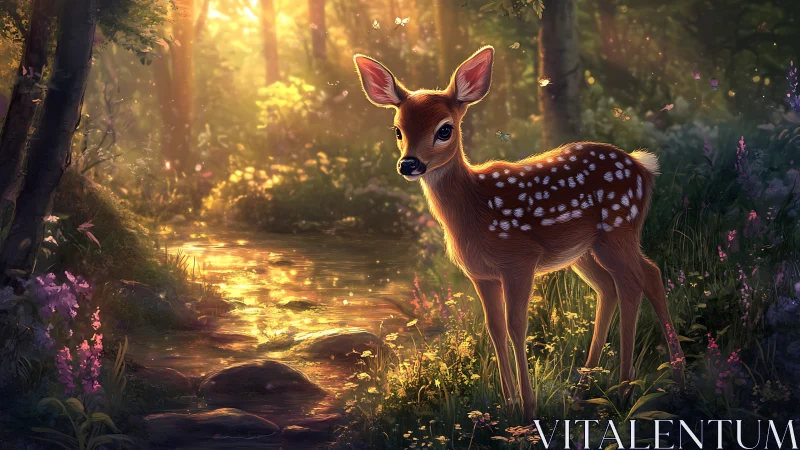 Sunlit fawn pauses where woodland stream turns to gold