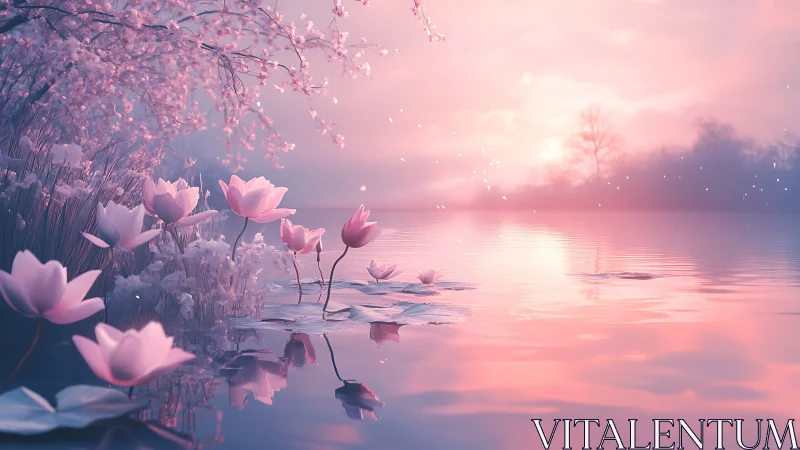 Soft pink lilies glow gently across a dreamy sunset lake
