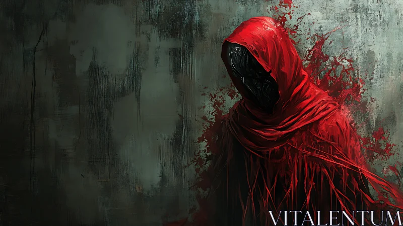 Hooded shadow in red cloak bleeds into a decayed wall
