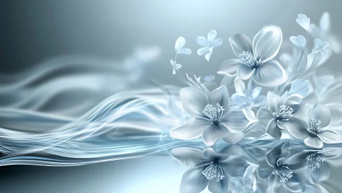 Ethereal White Flowers with Dynamic Fluid Wave Motion in Soft Blue-Gray Palette