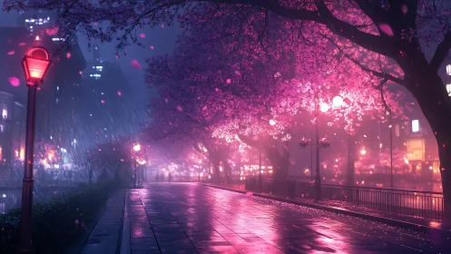 Neon rain glows beneath cherry blossoms on a silent riverside street