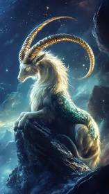 Celestial Capricorn guardian crowned in starlit golden horns.