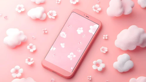 Pink smartphone with cherry blossoms and clouds in pastel 3D style.