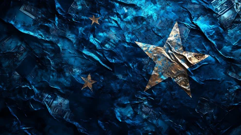 Shimmering golden stars drifting across crumpled blue night.