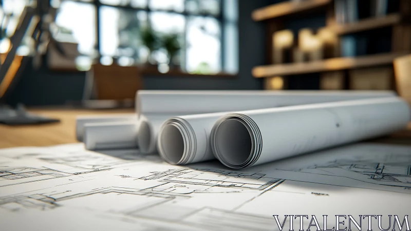 Architectural blueprints and rolled plans awaiting the next big project.