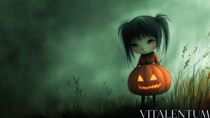 Sad dark haired girl holding glowing jack o lantern outdoors.
