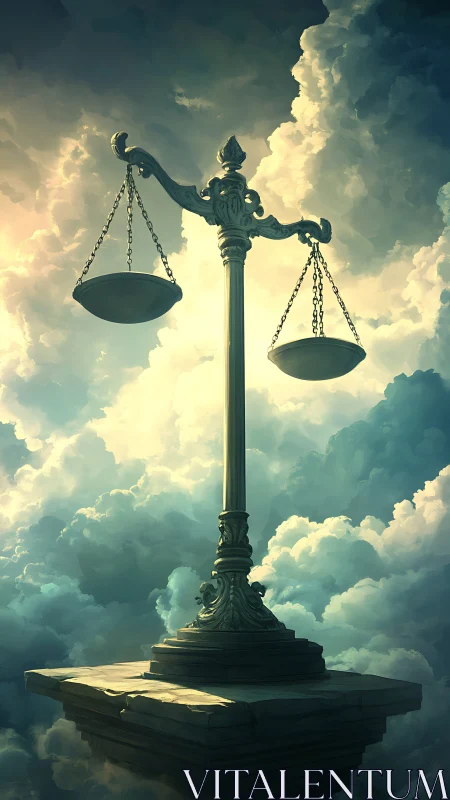 Majestic brass scales of justice rise above glowing clouds.