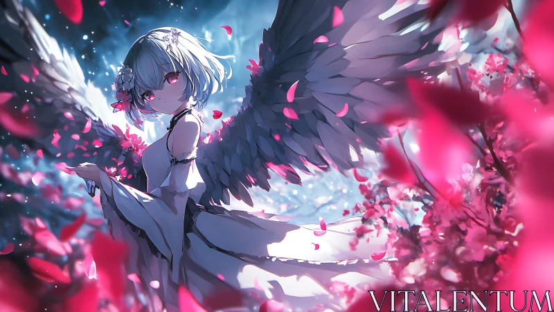 Winged girl amid falling sakura petals under moonlight.