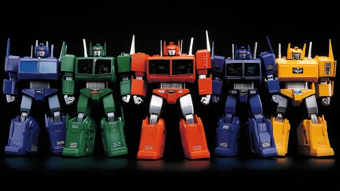 Chromatic lineup of articulated retro robot figures posed.