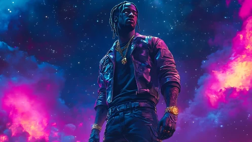 Neon-lit cosmic portrait in stylized urban digital painting.