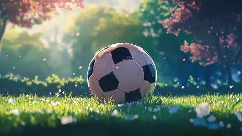 Sunlit soccer ball waits quietly in a painterly spring field