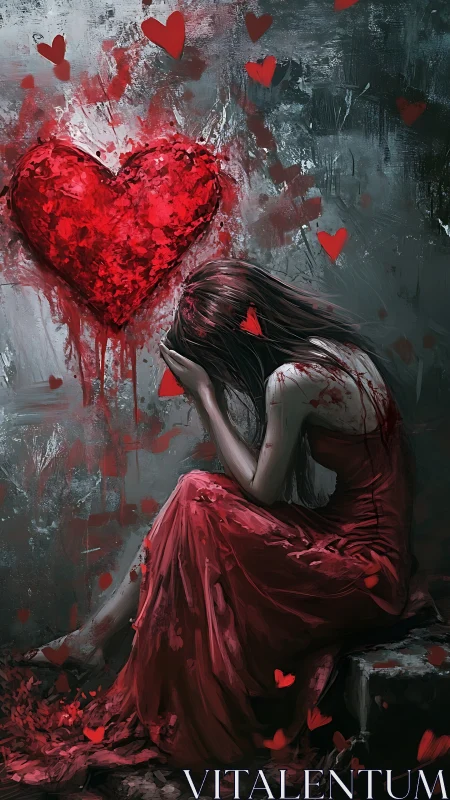 Woman in red dress beside large bleeding painted heart.