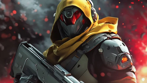 Armored sci fi soldier holds rifle amid red embers and smoke