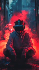 Hooded VR user crouches amid red smoke in dark alleyway