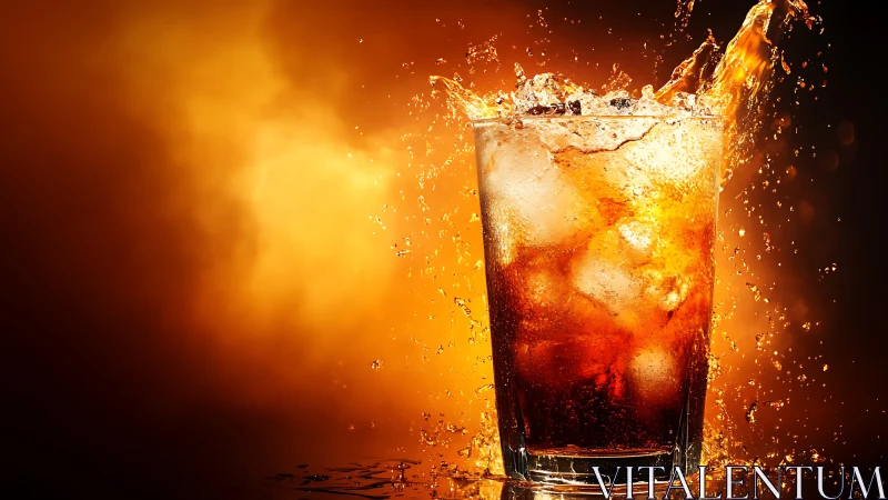 Beverage splashing from glass with ice cubes against warm amber lighting background