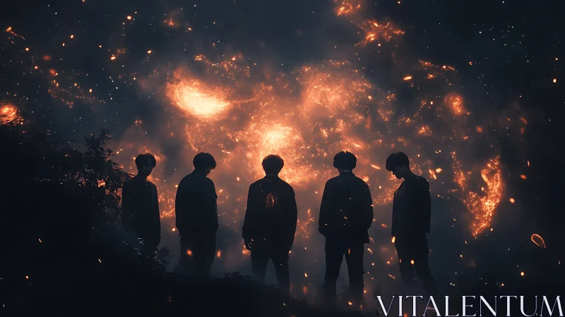 Silhouetted group faces burning cosmic sky at night.