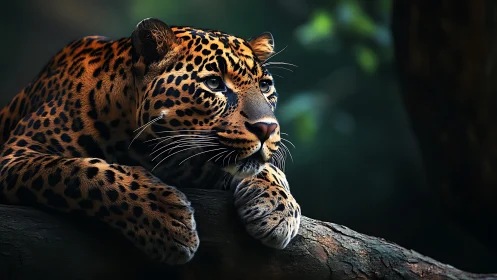 Leopard resting on tree branch in low light forest setting.
