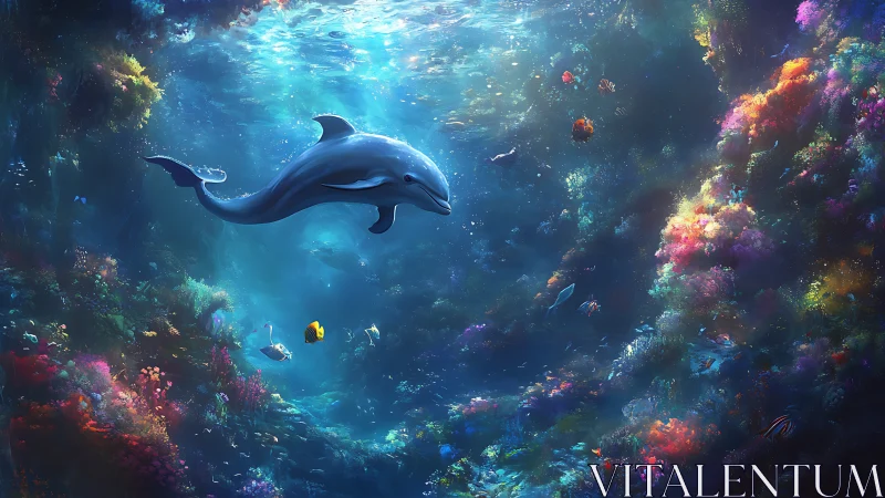 Dolphin moving through illuminated coral reef environment.