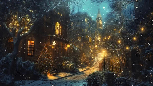 Snowlit Christmas lane glowing with lanterns and golden dreams.