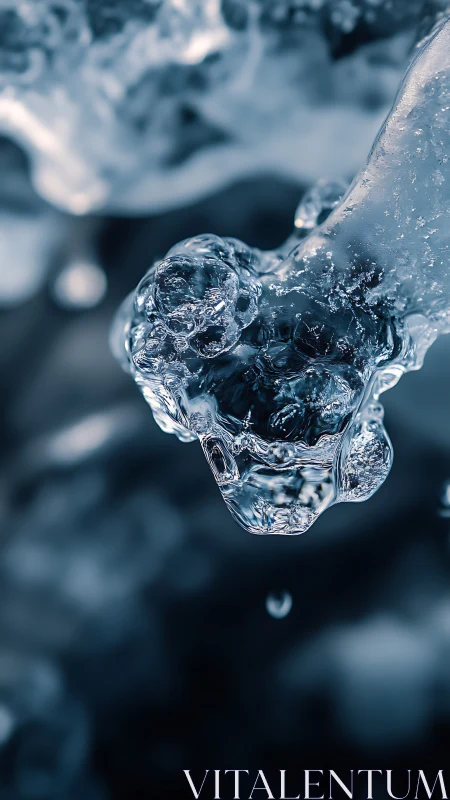 Glistening frozen droplet in dramatic blue macro study.