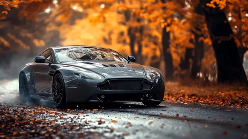 High-performance charcoal coupe on misty autumn forest road