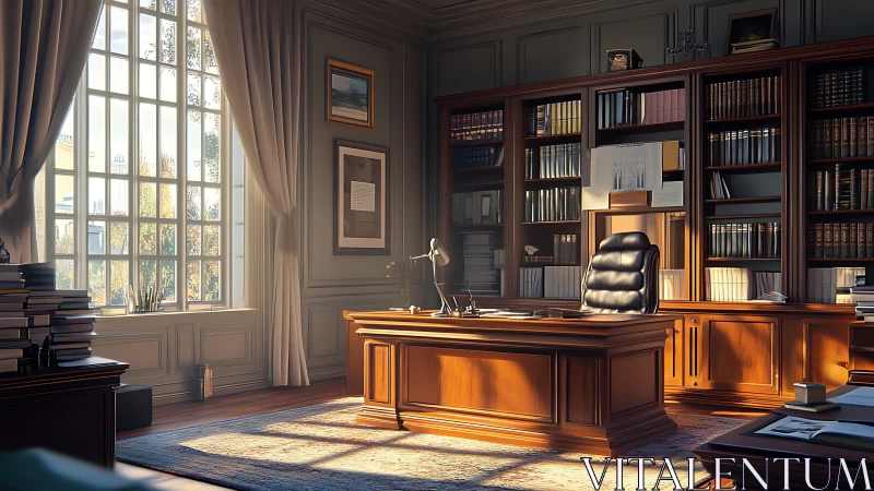 Sunlit scholar’s office wrapped in polished mahogany calm.