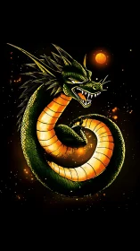 Coiled cosmic dragon with glowing orange celestial orb.