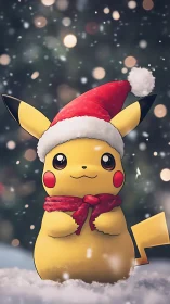 Pikachu in red Santa hat standing in snowy winter scene.