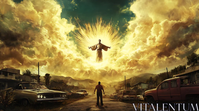 Man confronts radiant celestial figure in glowing sky scene.