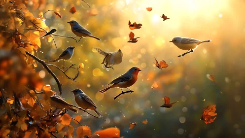 Autumn Songbirds in Flight with Golden Light, Photorealistic Art.
