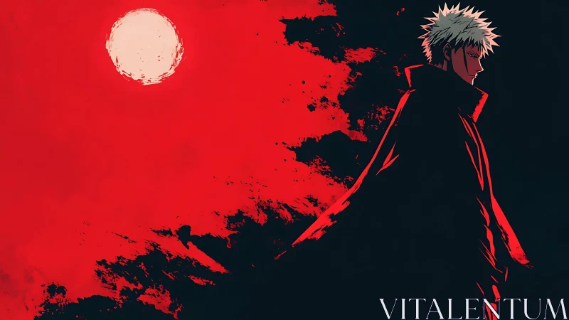 White-haired warrior stands against blood-red eclipse sky