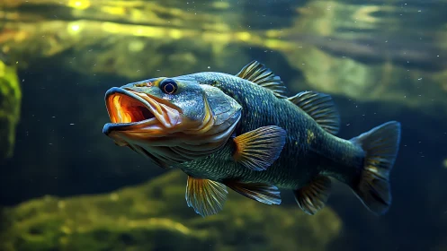 Curious river fish gliding through sunlit underwater calm.