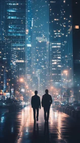 Neon corridor skyline with dual silhouettes in rain-slicked street.