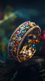 Golden rainbow gemstone bracelet glowing in forest hush.