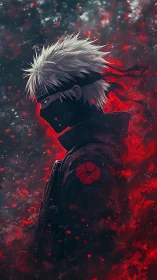 Masked anime warrior in red embers and dark mist profile