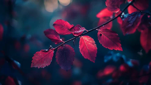 Red leaves on branch against dark, softly blurred background.