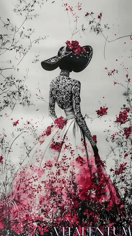Elegantly poised woman in floral gown amidst crimson blossoms