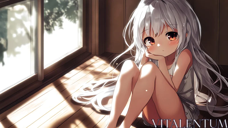 Quiet sunlit corner holds a thoughtful silver haired girl