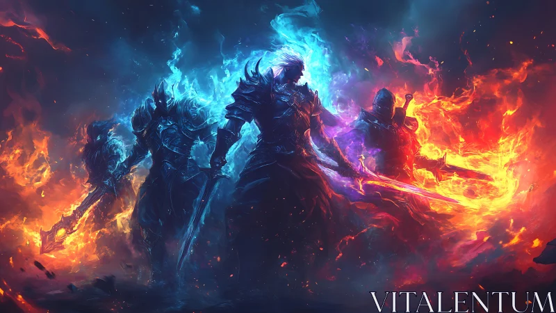 Elemental knights clash amid roaring blue and red flames.