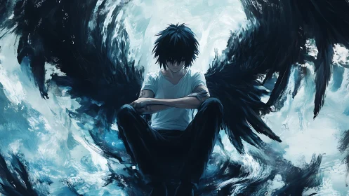 Brooding dark angel boy amid swirling cyan stormscape.