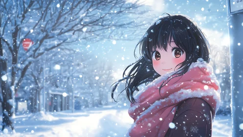 Smiling anime girl in snowy street with pink scarf detail.